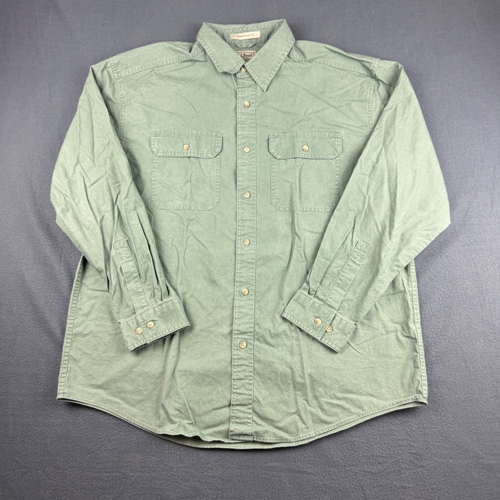 LL Bean Sunwashed Canvas Shirt Men's L Green Traditional Fit Flannel Work Chore